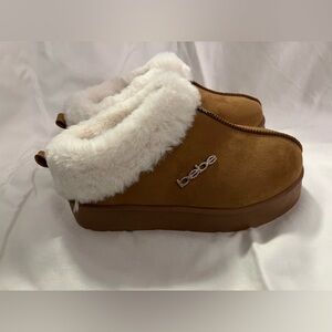 Bebe Tan slip on platform boot with White Faux Fur